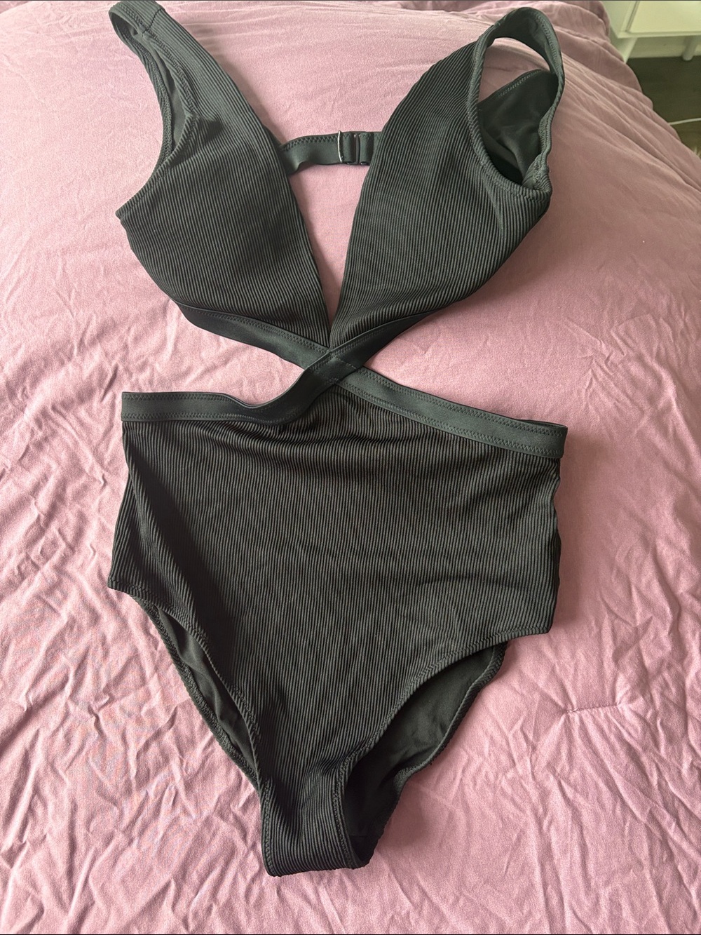 aerie Black Ribbed Cutout One-Piece Swimsuit